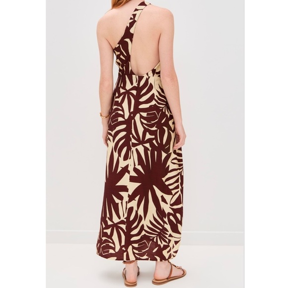 Runway The Label One Shoulder Maxi Dress Topical Print Brown Butter Yellow M NEW - Picture 2 of 12
